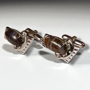 Vintage Anson Cufflinks Mens Silver Tone Brown Glass Art Deco Bullet Back